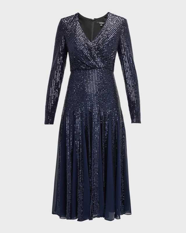 Long-Sleeve Sequin Godet Midi Dress